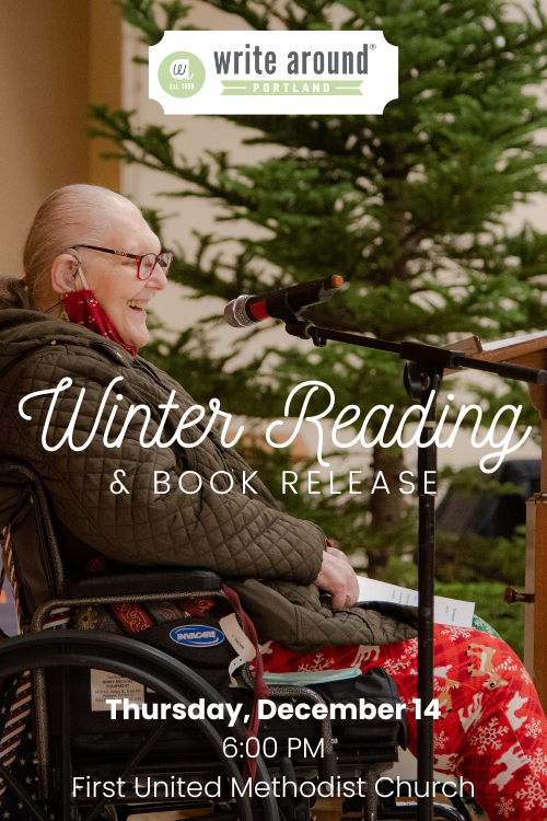 A woman with red eyeglasses smiles. She has a book in her lap. Over the top of the image it says "Winter Reading & Book Release" in a festive font. Below, it says "Thursday, December 14, 6:00 PM, First United Methodist Church."